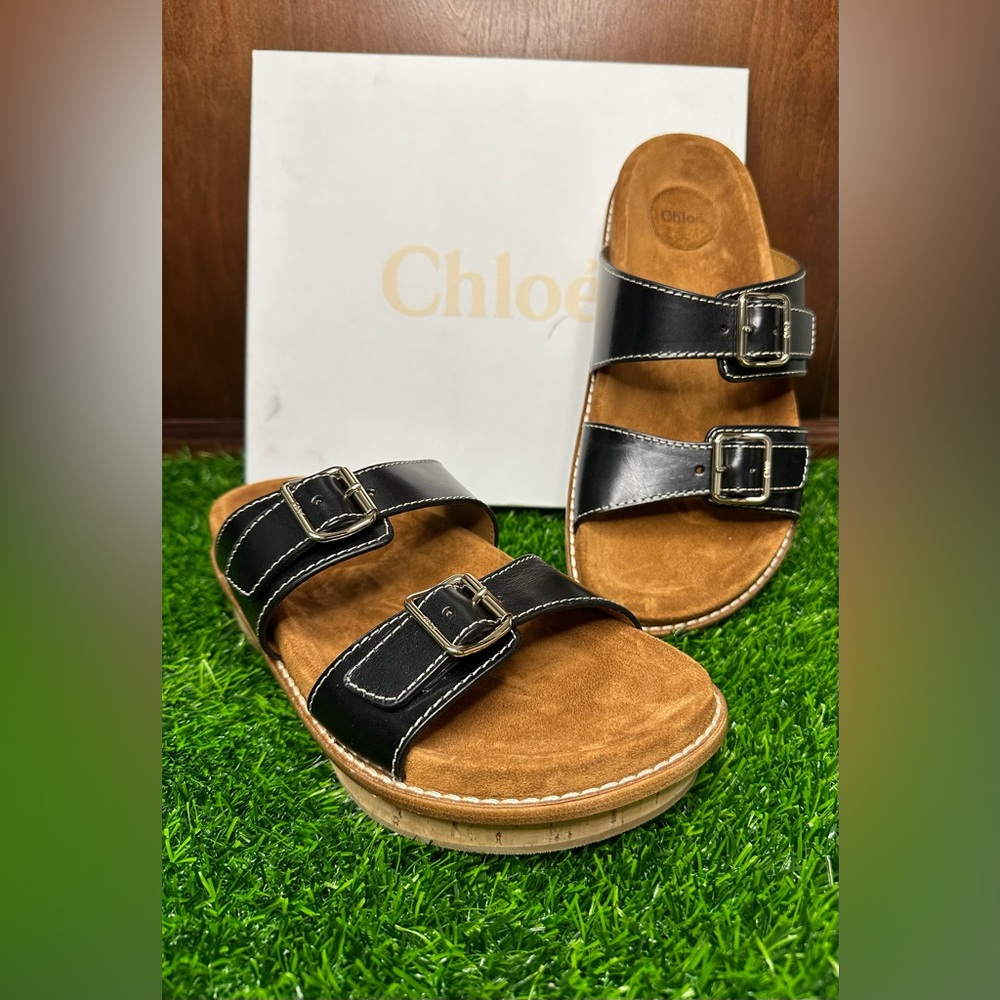 Chloe Women's Leather Marah Flat Sandals Black